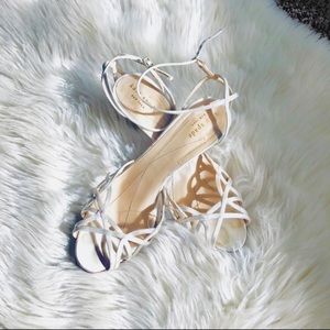 KATE SPADE WHITE SATIN STRAPPY WEB OPEN TOE HEELS